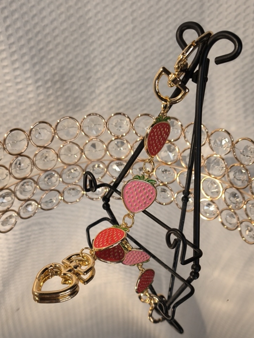 Gold Strawberry Charm Keychain Bag Charm Strap- Pink & Red